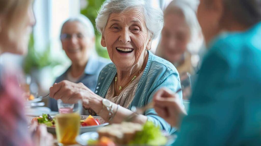 Older adults share a meal and conversation in a bright assisted living dining room.
